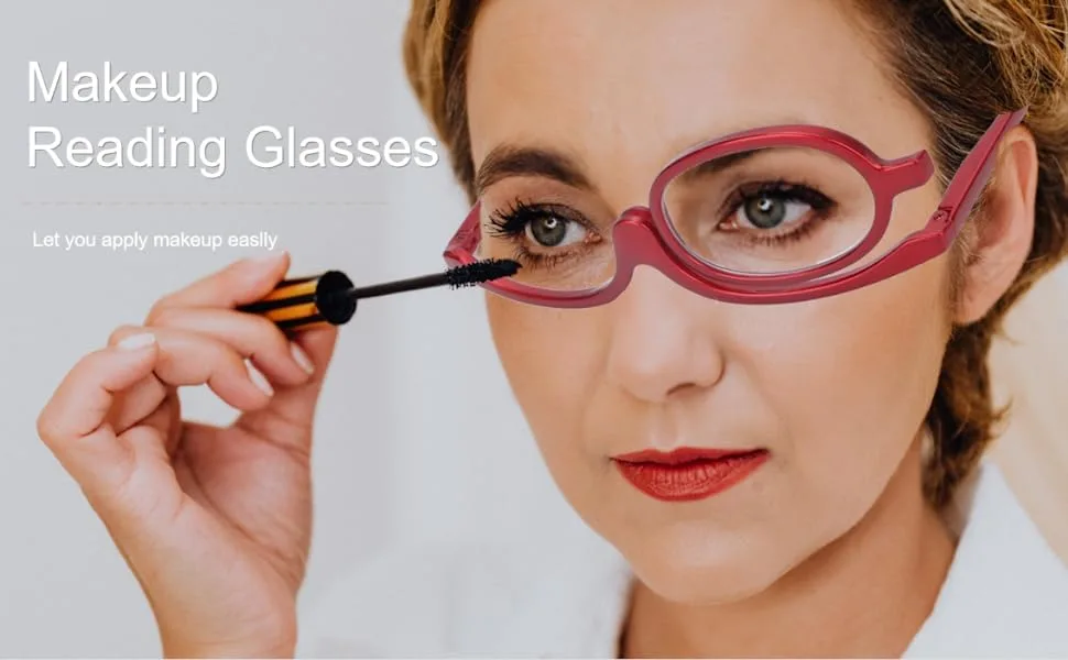 Makeup Reading Glasses Fashionable Single Lens Rotating Eyeglasses Magnifying Makeup Glasses Eye Make Up Spectacles Flip Down Lens Cosmetic Red (+3.00) - product information 18