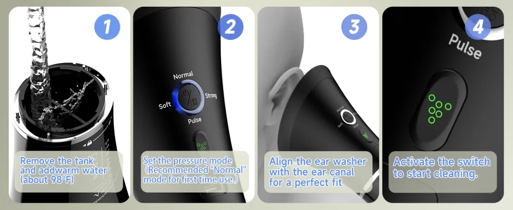 Electric Ear Wax Removal System Water Powered Ear Cleaning Tool with Irrigation Flusher 6 Tips 4 Pressure Settings - Safe & Effective for Ear Wax Buildup Flushing and Cleaning Dark Black - ear washer