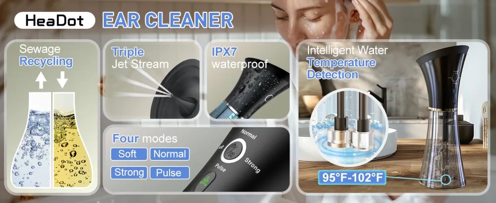 Electric Ear Wax Removal System Water Powered Ear Cleaning Tool with Irrigation Flusher 6 Tips 4 Pressure Settings - Safe & Effective for Ear Wax Buildup Flushing and Cleaning Dark Black - ear wax removal