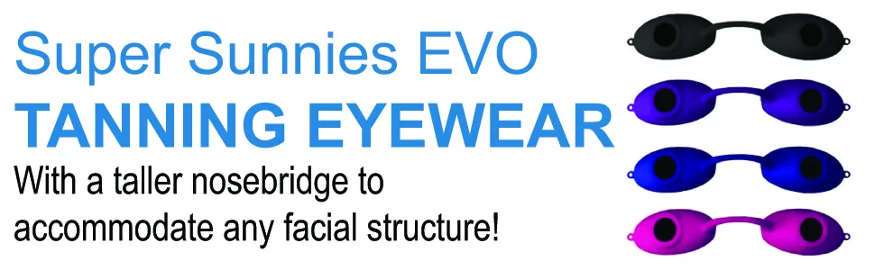 Super Sunnies Evo Flexible Tanning Bed Goggles UV Eye Protection Black Glasses, FDA Compliant - evo banner