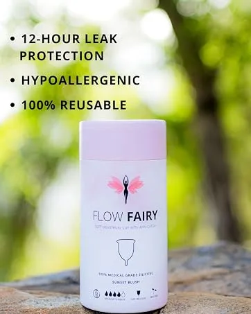 Reusable Menstrual Cup with Applicator for Easy Insertion - 100% Medical Grade Silicone Period Cup and Period Cup Applicator - Menstrual Cup Applicator + Cup - 12 Hour Wear (Small) - Flow Fairy Menstrual Cup