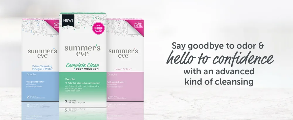 Summer's Eve Feminine Douche Complete Clean Odor Reduction with Boric Acid Complex 2 Units 4.5 oz Each Sanitary Napkin - Hello to confidence