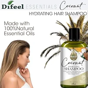 Difeel Essentials Hydrating Coconut Shampoo 12 oz. - Moisturizing Sulfate Free Shampoo made with 100% natural Essential Oils - Difeel Essentials Hydrating Coconut Shampoo