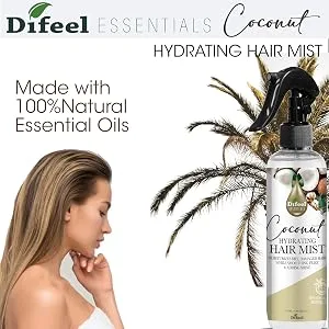 Difeel Essentials Hydrating Coconut Shampoo 12 oz. - Moisturizing Sulfate Free Shampoo made with 100% natural Essential Oils - Difeel Essentials Hydrating Coconut Hair Mist