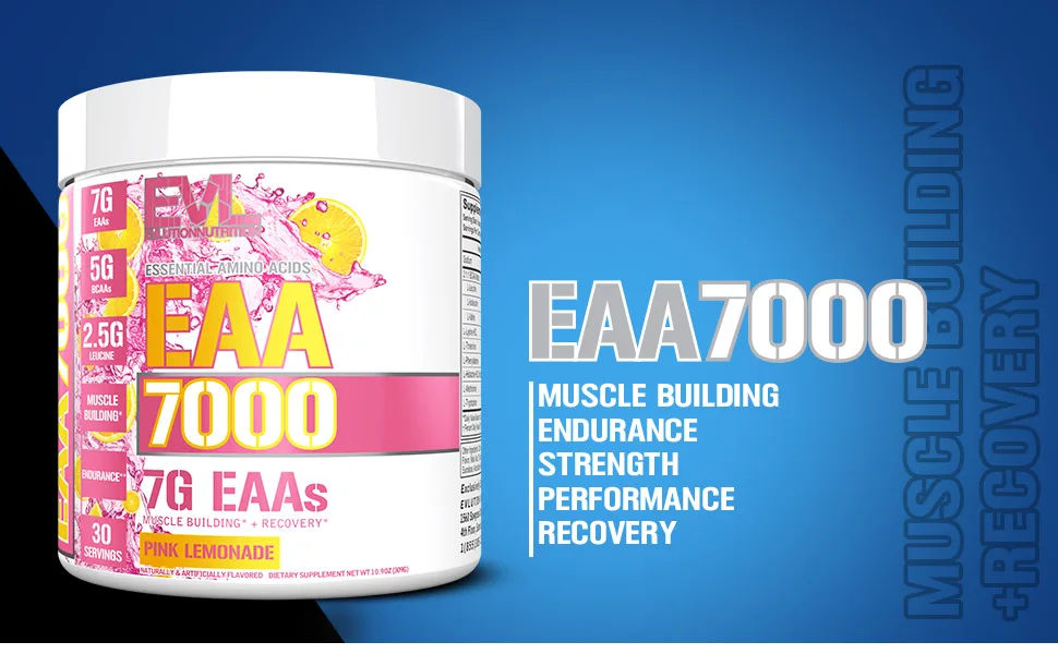 Evlution Nutrition EAA7000 - Pre & Post Workout Powder - Muscle Building + Recovery Supplement - 7g Essential Amino Acids + 5g BCAAs - Endurance + Energy Support - 30 Servings - Pink Lemonade - EAA7000 Muscle Building Endurance Strength Performance Recovery