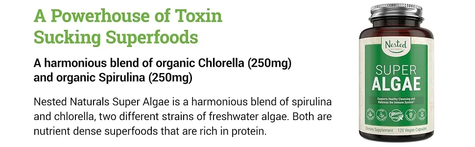 Super Algae Certified Organic Spirulina and Chlorella Vegan Capsules - Blue Green Algae Powder Supplement to Support Energy, Immune System and Healthy Gut - Non-GMO - Nested Naturals