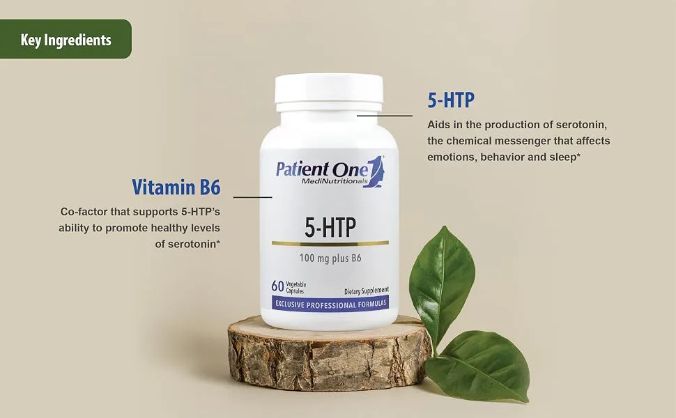 Patient One 5-HTP 100 mg with Vitamin B6 | Supplement to Support Stress Management Mood and Sleep* | Enhanced Synergy | 60 Capsules - 5-HTP & B6 Ingredients