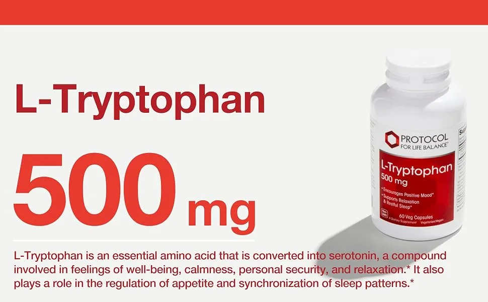 Protocol L-Tryptophan 500mg - Mood Support Stress Relief and Relaxation - 60 Veg Caps - L-Tryptophan