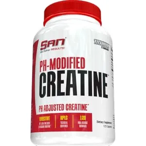 SAN Nutrition PH Modified Creatine - Buffered Creatine Formula for Enhanced Muscle Strength and Performance 120 Servings - PH-Modified Creatine product bottle image.