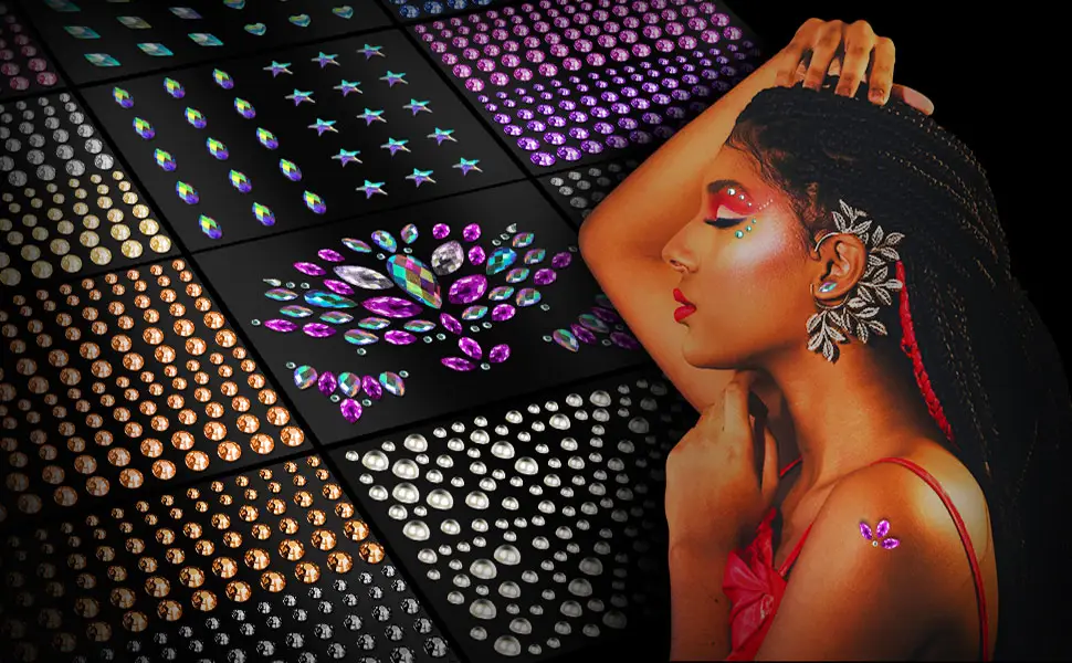 Creatrill Face Jewels Stick On Assorted 12 Sheets Gems Rhinestones for Makeup Stickers Flatback Pearls and Rhinestones for Crafts Mixed Color - product information 7