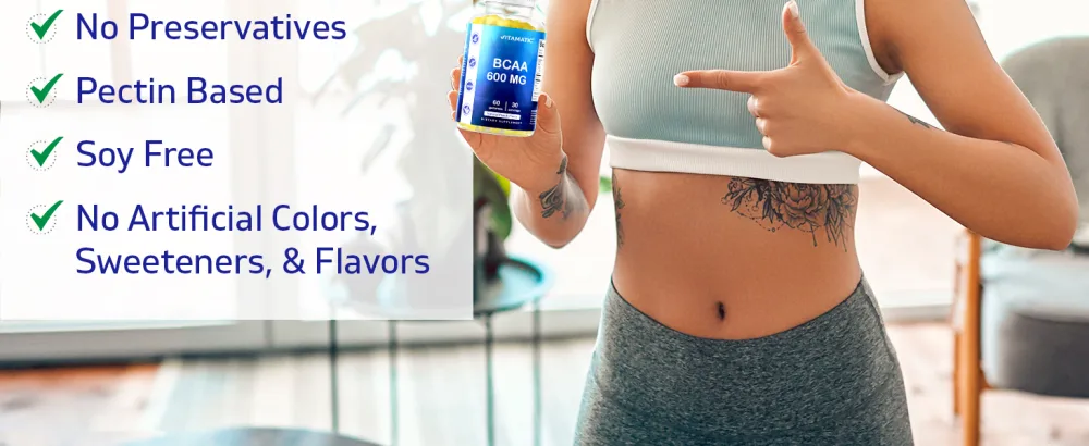 Vitamatic BCAA Gummies - Branch Chain Amino Acid Supplements - Peach Flavor - 600mg per serving - 60 Vegan Pectin Based Gummies (1 Bottle) - BCAA Gummies