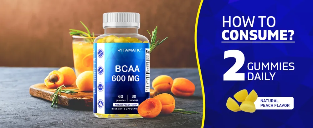 Vitamatic BCAA Gummies - Branch Chain Amino Acid Supplements - Peach Flavor - 600mg per serving - 60 Vegan Pectin Based Gummies (1 Bottle) - BCAA Gummies
