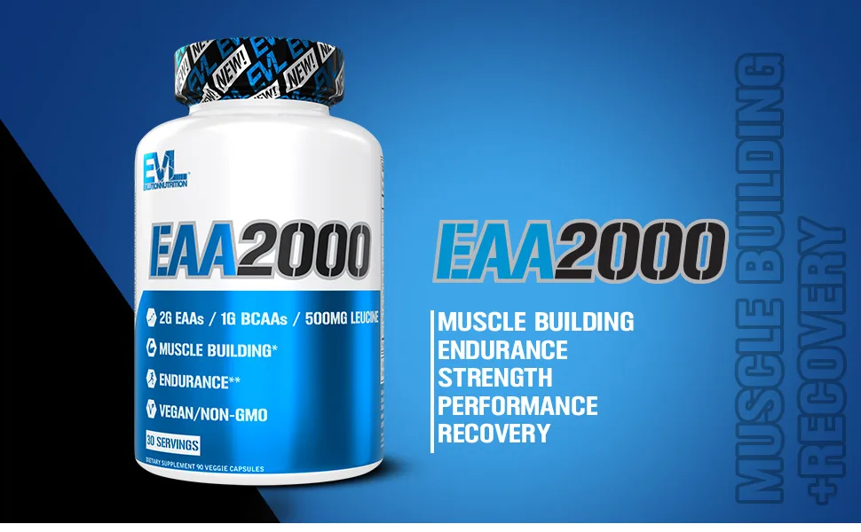 Evlution Nutrition EAA2000 - Pre & Post Workout Capsules - Muscle Building + Recovery Supplement - 2g Essential Amino Acids + 1g BCAAs - Endurance + Energy Support - 30 Servings - EAA2000 Muscle Building Endurance Strength Performance Recovery