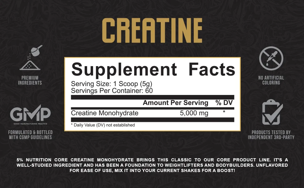 5% Nutrition Core Creatine | Micronized Creatine Monohydrate Powder | 5G 5000mg 60 Servings (Unflavored) - 5% Nutrition Core Creatine Micronized Creatine Monohydrate Powder 5G, 5000mg 60 Servings Unflavored