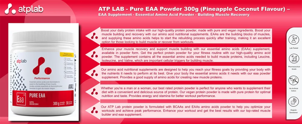 ATP LAB - Pure EAA Powder 300g (Pineapple Coconut Flavour) - EAA Supplement - Essential Amino Acid Powder - Building Muscle Recovery - ATP LAB - Pure EAA Powder 300g