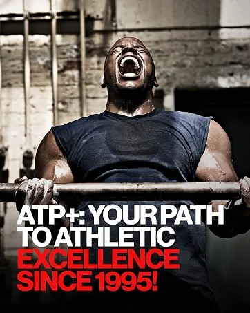 ATP+: Men's Creatine Serum. Maximize Workouts with Enhanced Energy. Boost Muscle Strength & Recovery. Rich in Amino Acids & Vitamins. With Joint Support. Top Pre-Workout Solution. 5.1 Fl Oz Grape - Fit man doing weight lifting