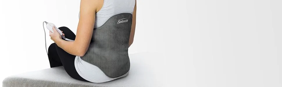 Sunbeam Heating Pad Wrap for Back Pain Relief with Auto Shut Off and Moist Heating Option, 23 x 15", Slate Grey - Sunbeam Contoured Back Heating Pad with Strap Get soothing, direct back pain relief from this soft