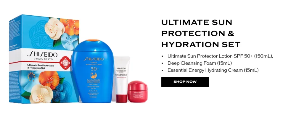 Shiseido Ultimate Sun Protection & Hydration Set - Includes Ultimate Sun Protector Lotion SPF 50+ (150mL) Deep Cleansing Foam (15mL) & Essential Energy Hydrating Cream (15mL) - $69 Value - Ultimate Sun Protection and Hydration Set