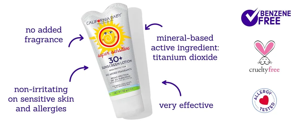 California Baby Super Sensitive SPF 30+ Sunscreen | Broad Spectrum | Titanium Dioxide | Hypoallergenic Unscented Mineral Sunscreen | 170 grams / 6 oz. - This sunscreen is very effective and the active ingredient is titanium dioxide. No added fragrance.