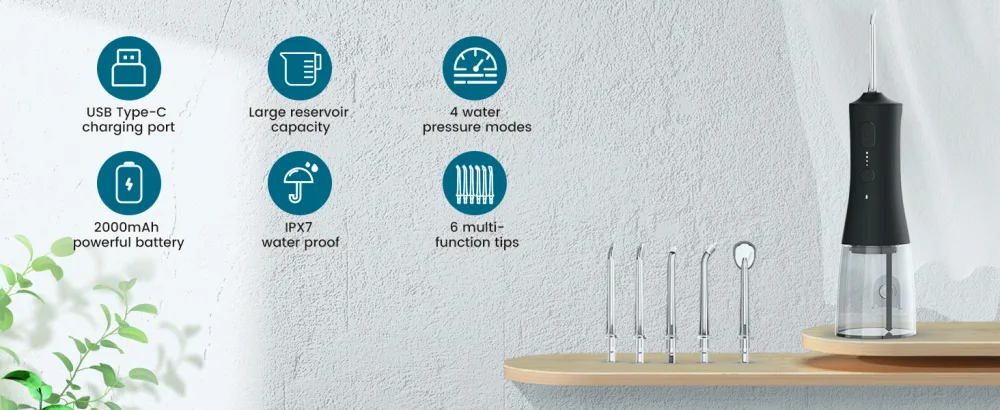 Water Flosser - Cordless Portable Oral Irrigator with 2000mAh Battery 4 Nozzle Types 4 Cleaning Modes 265ml Water Tank IPX7 Waterproof - water flosser