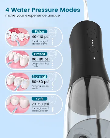 Water Flosser - Cordless Portable Oral Irrigator with 2000mAh Battery 4 Nozzle Types 4 Cleaning Modes 265ml Water Tank IPX7 Waterproof - WATER FLOSSER