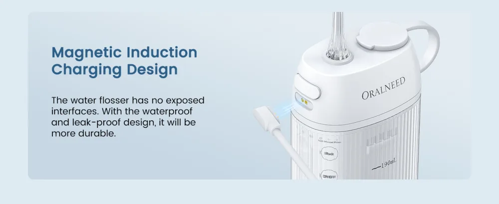 Portable Travel Water Flosser for Teeth Cleaning with 3 Flossing Tips Orthodontics and Braces Dental Care - Magnetic Induction Charging Design