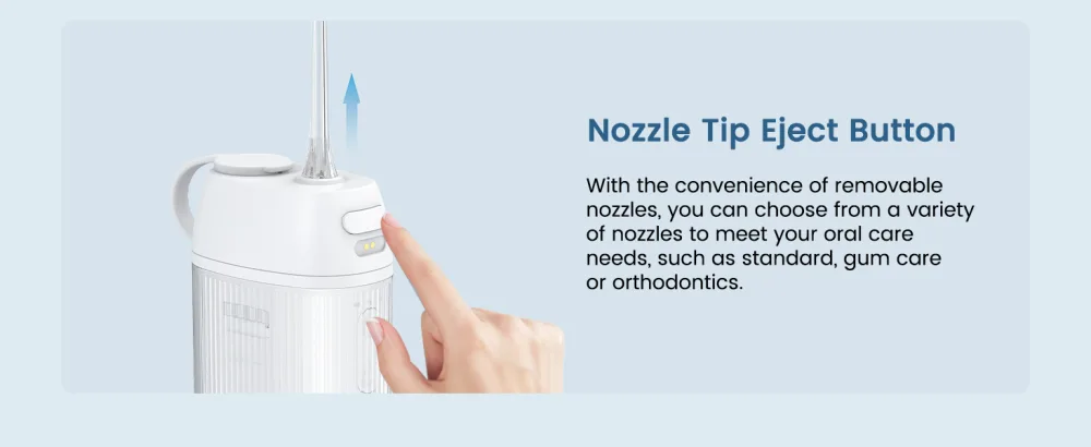 Portable Travel Water Flosser for Teeth Cleaning with 3 Flossing Tips Orthodontics and Braces Dental Care - Nozzle Tip Eject Button