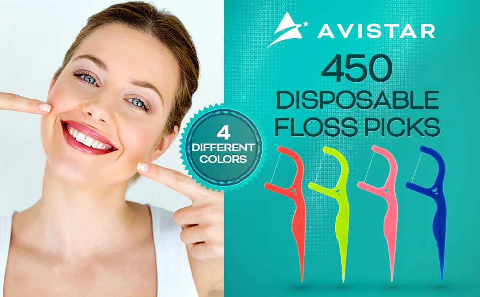 450 Individually Wrapped Floss Picks - Multi-Color Travel Floss Picks - Easy Grip Disposable Floss Picks - Dental Flossers for Teeth - Gently Removes Plaque & Food Particles Between Teeth - Avistar floss picks
