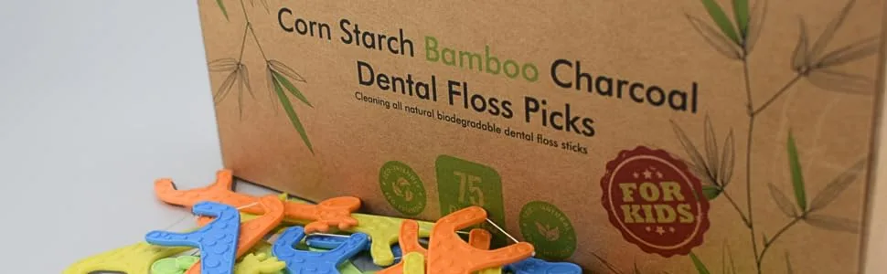 Organic Dental Floss Picks for Kids - Natural Biodegradable Floss Sticks with Strong Bamboo Charcoal Thread & Vegan Corn Starch Handle - No Plastics & No Artificial Flavours - dfdf