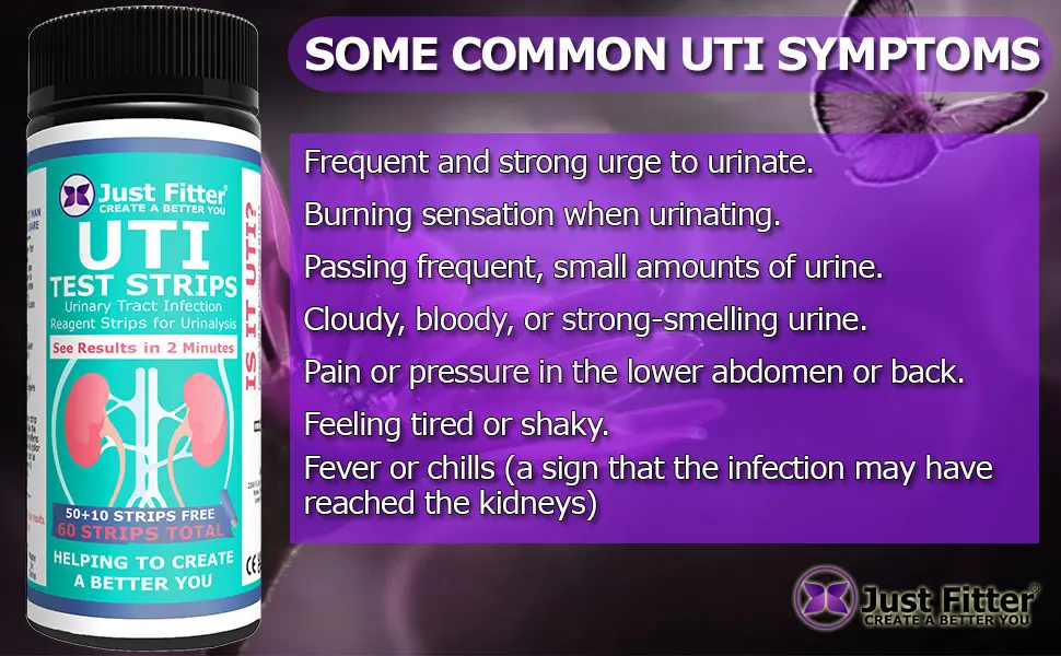 UTI Urine Test Strips. Urinary Tract Infection Strip. Simple Fast and Accurate Results. Urinalysis Home Testing Stick Kit for Nitrite and Leukocytes. 1 Bottle - some common uti symptoms