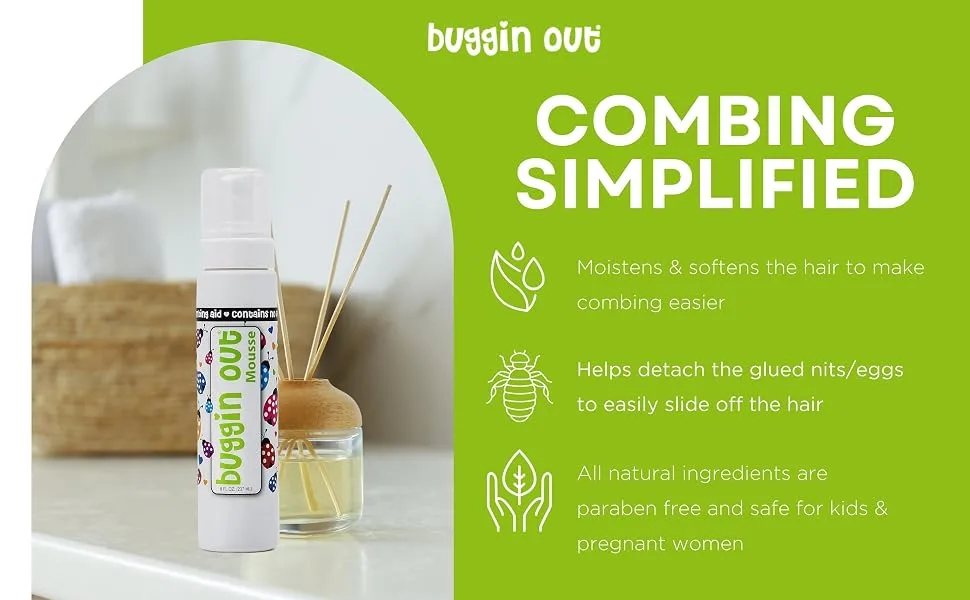 buggin out Nit Combing Mousse | No More Lice | Slippery Nits | Safe For Kids & Adults | Daily Use | 8oz - Comb Out Mousse Lice Shampoo Home Treatment Prime Fairy Tales Nit Comb Lice Eggs Piojos Kids Adults