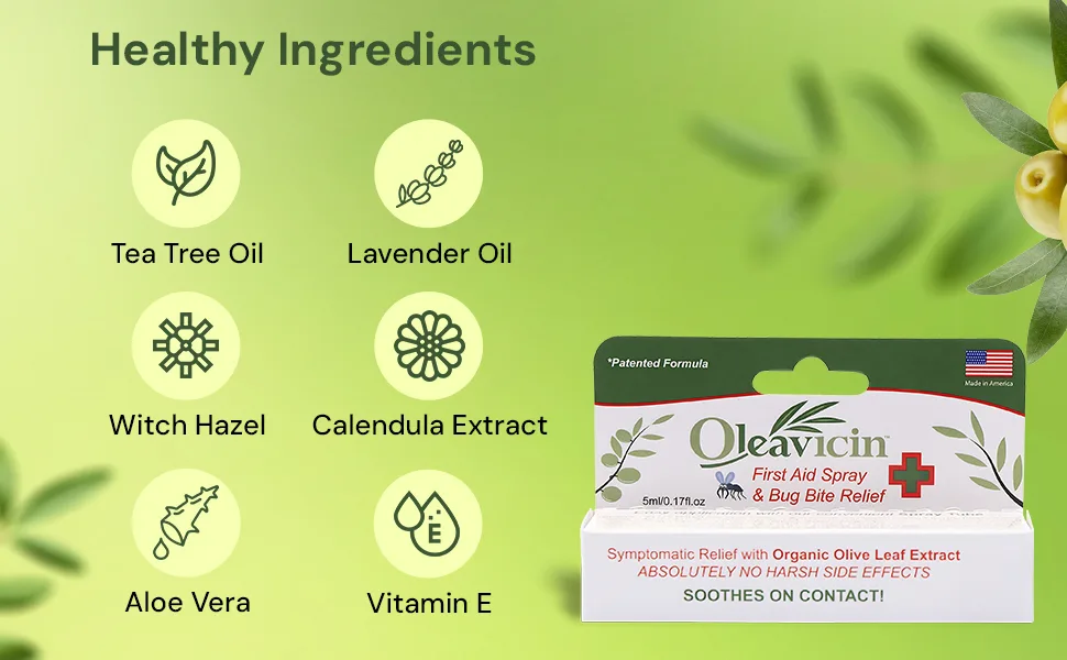 First Aid Spray & Bug Bite Relief for Use on Minor Skin Irritations | Soothing Comfort | Patented Formula | Olive Leaf Extract | Natural | 0.17 oz (5ml) - bug bite spray