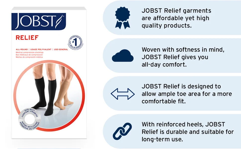 JOBST Relief Knee High Graduated Compression Socks 30-40 mmHg - Comfortable Unisex Design - Closed Toe Black Large Standard Large (1 Pair) Black - stockings compression medium knee high relief hose medical support sport open toe sock closed thigh
