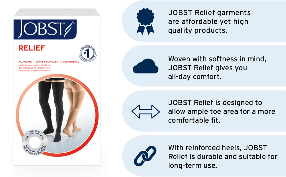 JOBST Relief Thigh High Graduated Compression Stockings 20-30mmHg - Comfortable Unisex Design with Silicone Dot Band - Open Toe Beige X-Large - stockings compression medium knee high relief hose medical support sport open toe sock closed thigh