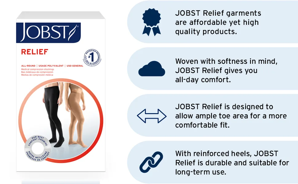 JOBST Relief Waist High Graduated Compression Stockings 30-40mmHg - Comfortable Unisex Design - Open Toe Black Large - stockings compression medium knee high relief hose medical support sport open toe sock closed thigh