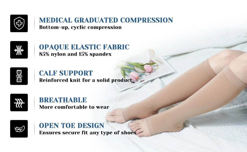 Ktinnead Compression Socks for Women and men 20-30 mmhg Knee High Graduated Compression Stockings Opaque Open Toe Unisex Beige Medium Beige Medium - product information 10
