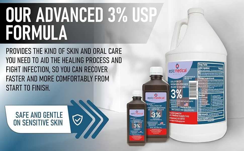 Hydrogen Peroxide 32 oz. First Aid Antiseptic and Multipurpose Cleaner 3% USP Topical Wash for Minor Cuts Scrapes Insect Bites and Skin Irritations. (1) - mouth high concentration hyrdogen packets volume bath wipes antiseptic drops essential soak