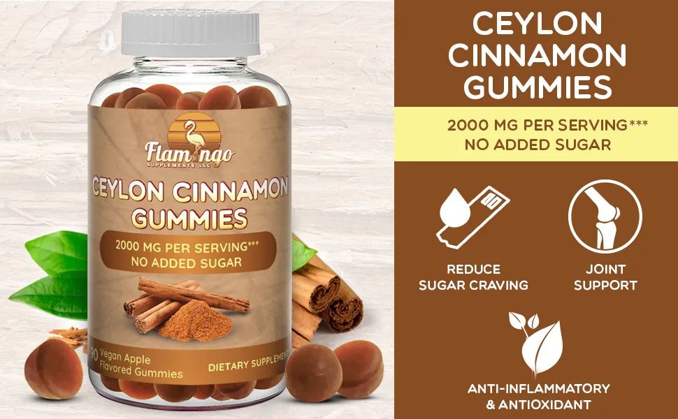 Sugar Free Ceylon Cinnamon Gummies 2000mg- Made in USA, Vegan, Naturally Flavored, 90 Count - Benefits of ceylon cinamon