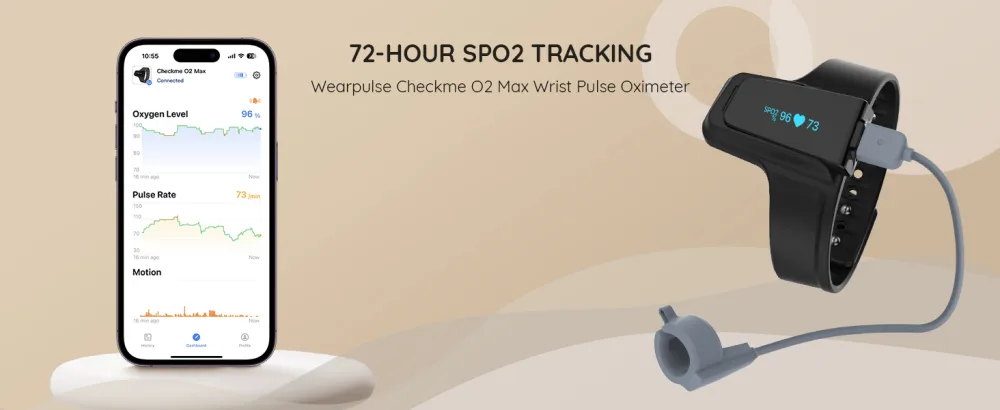 Continuous Wrist Pulse Oximeter Blood Oxygen Saturation Monitor with Smart reminder Bluetooth 72 Hours Endurance Tracking SpO2 and Pulse Rate Checkme O2 Max with PC Software & APP - Checkme O2 Max