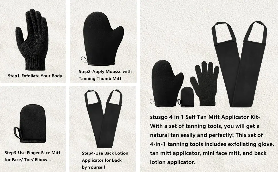 stusgo Tanning Mitts Self Tanner Mitt Applicator, Self Tanning Mitt Applicator, Self Tanner Kit, Self Tanning Glove for Self Tan Mit, Self Tanning Applicator Mitt, Self Tanning Kit, Self Tanner Glove Black Set of 4 - stusgo 4 Pack Self Tanning Mitt Applicator Kit Streak Free Easy to Wash MULTI-USE