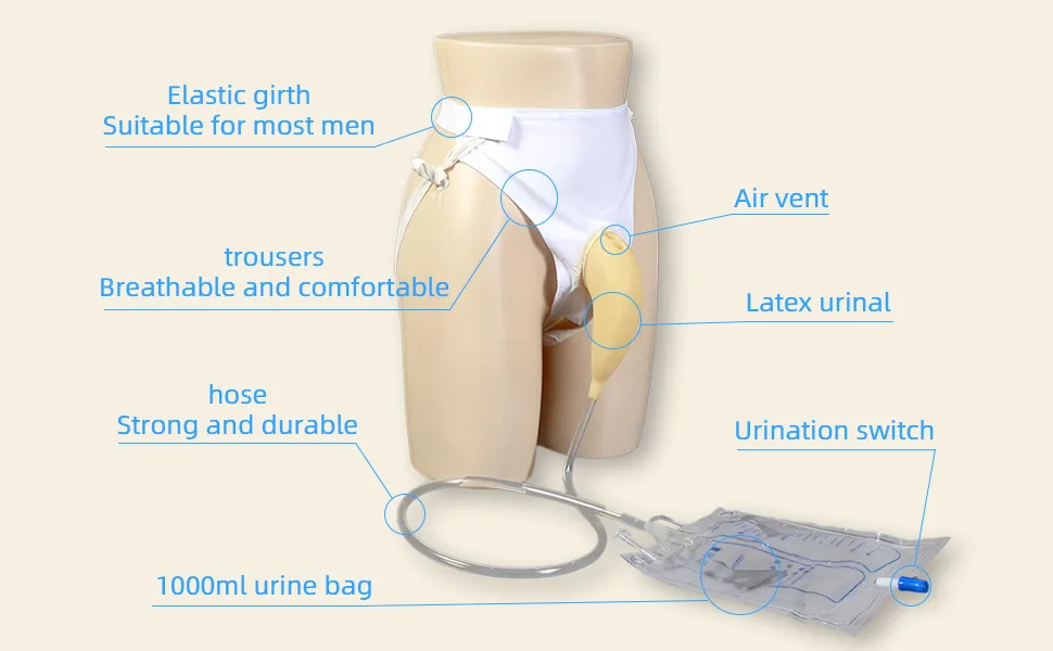 Wearable Urinal for Men Reusable Protable Latex Material with Collection Urine Bag Urinary Drainage Bag System for Elderly Bedridden Patients Male (Urinal+Urine Bag) - size and describe