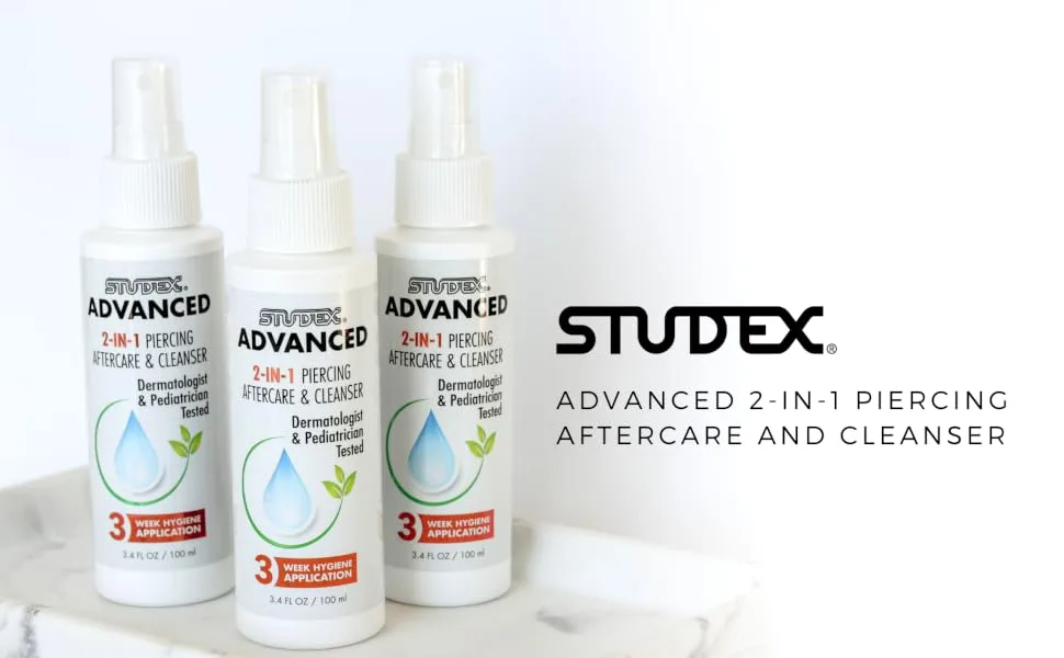 Studex Advanced Piercing Aftercare & Cleanser 3.4oz | Hypochlorous Acid Solution for Pierced Ears | Gentle Aftercare for Sensitive Skin | First Earring Cleaner | Essential Piercing Health - studex ear piercing
