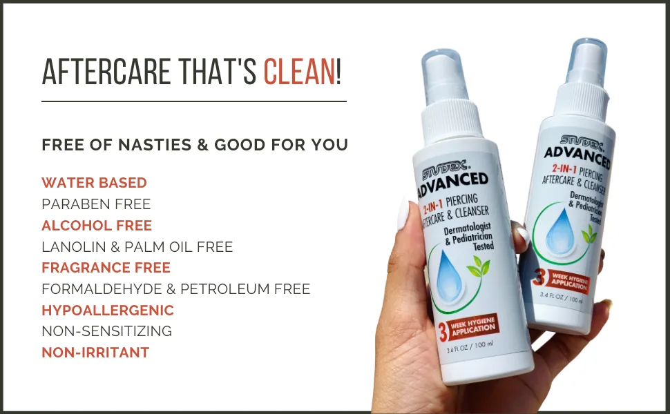 Studex Advanced Piercing Aftercare & Cleanser 3.4oz | Hypochlorous Acid Solution for Pierced Ears | Gentle Aftercare for Sensitive Skin | First Earring Cleaner | Essential Piercing Health - water based alcohol free fragrance free. ear piercing aftercare
