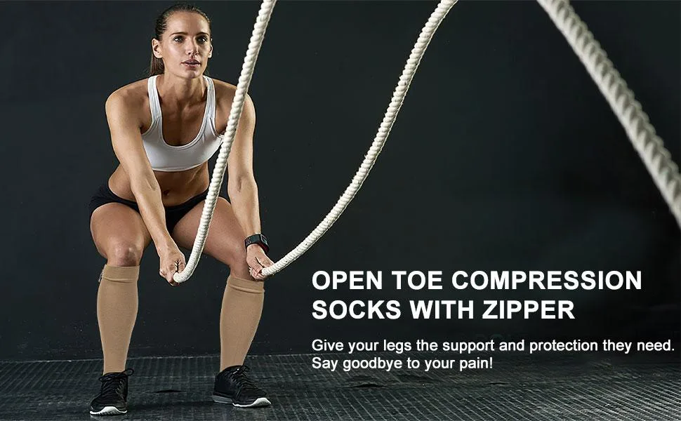 2 Pairs Zipper Compression Socks 15-20 mmHg for Men Women Open Toe Black Large-X-Large - open toe compression socks with zipper