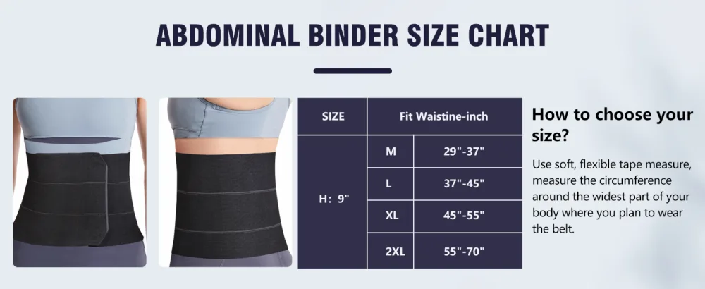 Elastic Abdominal Binder Lower Waist Support Belt Umbilical Hernia Support Pad Universal Wide Belly Girdle Stomach Surgical Compression Wrap for Men and Women (Black Medium) - ABDOMINAL BINDER SIZE CHART