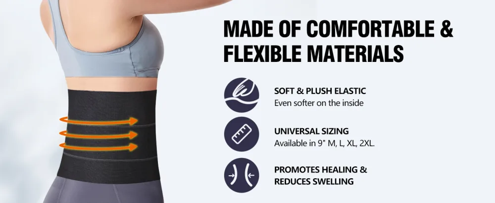 Elastic Abdominal Binder Lower Waist Support Belt Umbilical Hernia Support Pad Universal Wide Belly Girdle Stomach Surgical Compression Wrap for Men and Women (Black Medium) - MADE OF COMFORTABLE and FLEXIBLE MATERIALS
