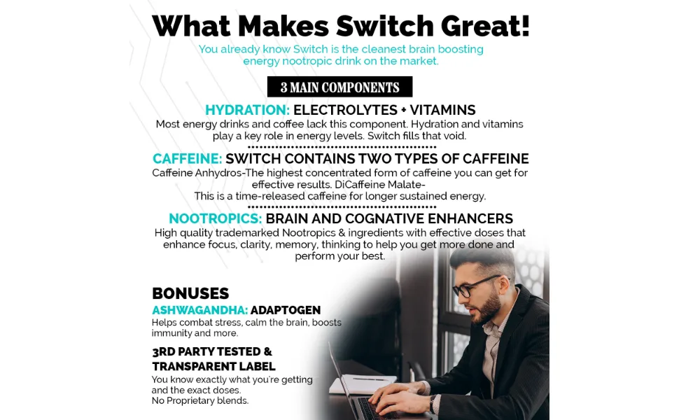 Switch Brain Boosting Nootropic Energy Supplement Increase Mental Focus & Cognitive Function Enhances Mood & Memory Alpha GPC Ashwagandha Sugar Free Energy Powder-Keto Strawberry Lemonade - Caffeine Nootropic Ashwagandha dicaffeine malate KSM Ashwagandha Clean Energy Drink Mix Electrolytes
