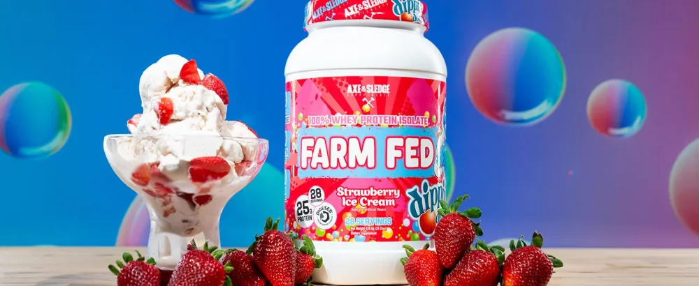 Axe & Sledge Supplements Farm Fed Grass-Fed Whey Protein Isolate Digestive Enzymes 22 Grams Protein 30 Servings (Dippin' Dots Birthday Cake Ice Cream) - Farm Fed Strawberry Ice Cream