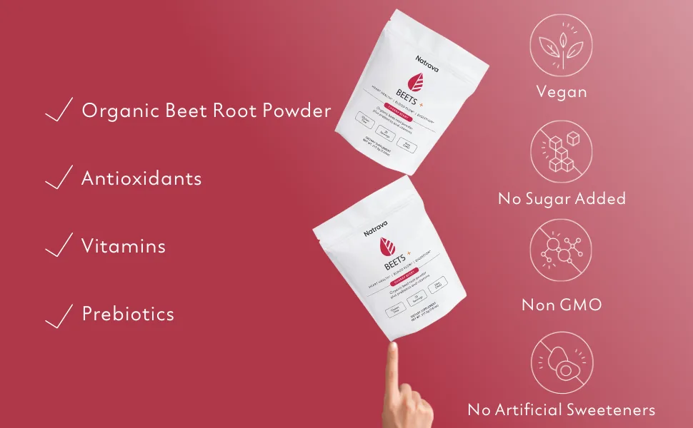 Beets+ 100% Organic Beet Root Powder Blend with Vitamins & Prebiotics for Blood Pressure Support - Beetroot Juice Powder for Heart Health - Beets+ supplement is made from organic beet root powder, vitamins, and prebiotics for gut health