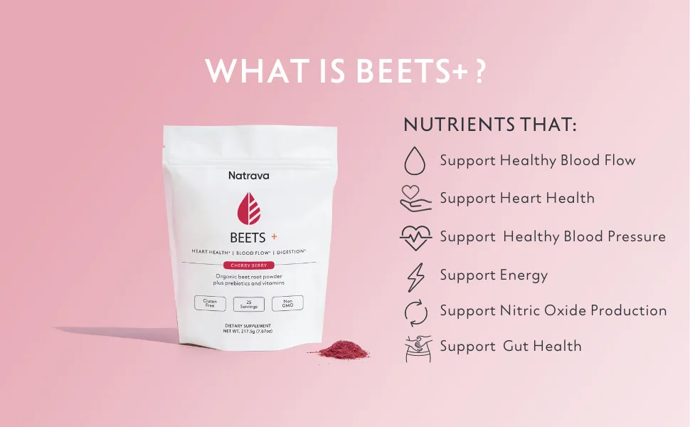 Beets+ 100% Organic Beet Root Powder Blend with Vitamins & Prebiotics for Blood Pressure Support - Beetroot Juice Powder for Heart Health - Beets+ supports healthy blood flow and blood pressure from nitric oxide production
